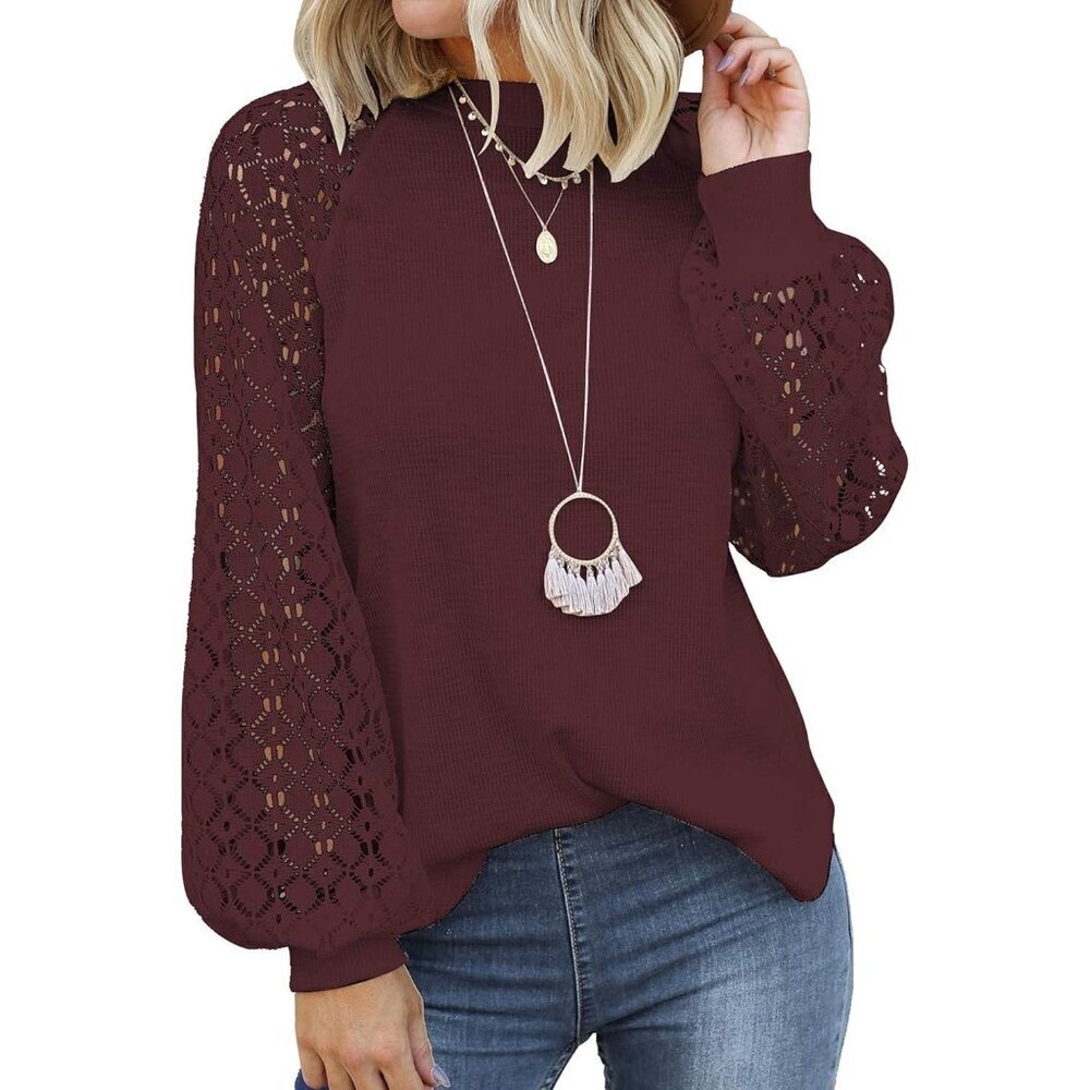 Women’s Lace Long Sleeve Top Casual Loose Blouse Fall Trendy Chic